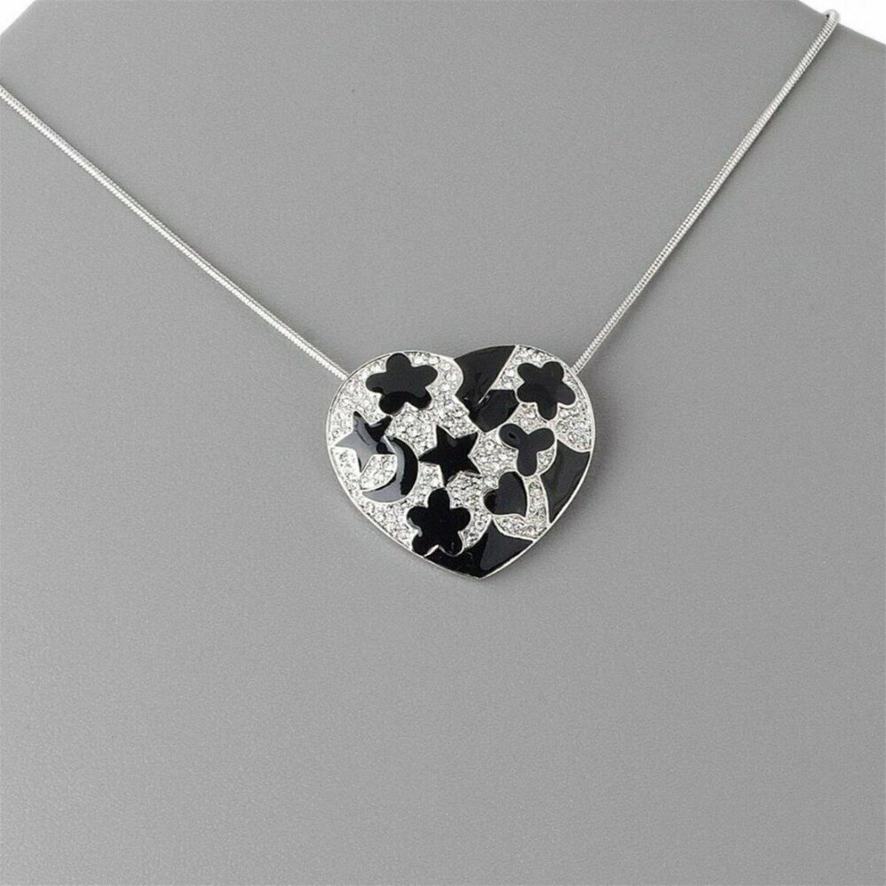 Black Enamel Pave Austrian Crystal Heart Pendant Silver Snake Chain Necklace - Picture 2 of 2